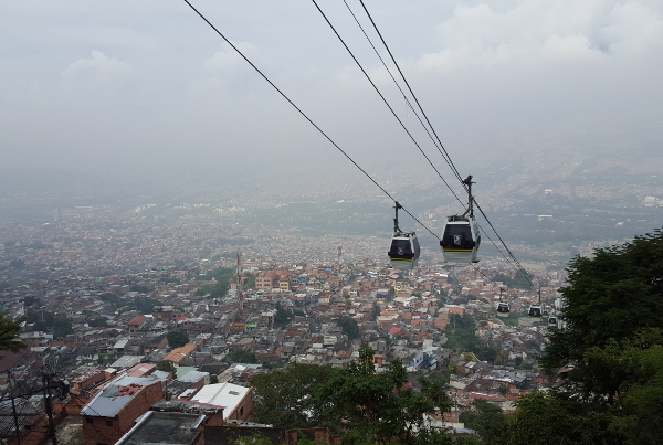 Metrocable, a link in Medellin�s dynamic public transit system, connects disparate neighborhoods and brings people together